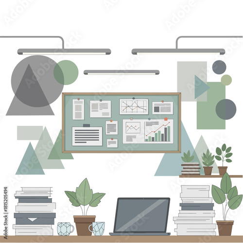 Workspace with bulletin board and laptop, office environment, work desk.