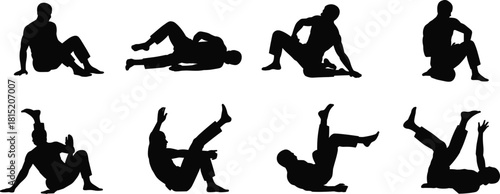 Silhouette illustration of man performing various stretching and floor exercise poses, fitness workout movements for health, flexibility and body training design