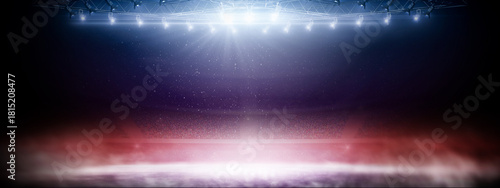 Beautiful podium with red smoke, blue spotlight and glitter on dark background. 3D rendering. Winter background. Blue ice floor texture and mist. Snow and ice background. Lights sport