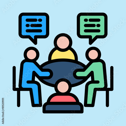 A colorful illustration of five people sitting around a table, engaged in a meeting or discussion, with speech bubbles indicating communication.