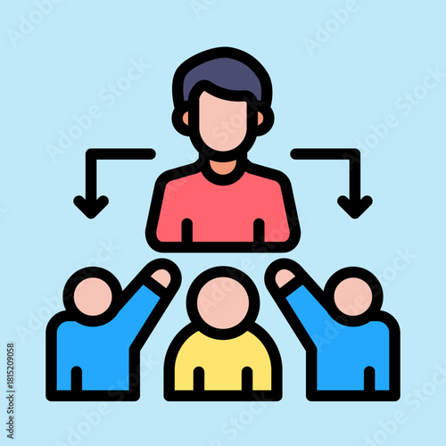 An icon illustrating a leader or manager delegating tasks to a team of three people, symbolizing hierarchy and teamwork.
