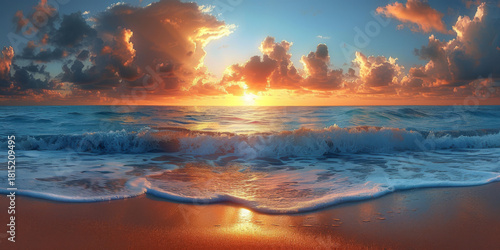 Fototapeta Naklejka Na Ścianę i Meble -  Beautiful sunset over the sea. Sunset beach with crashing waves.  Reflections shimmering on the water.