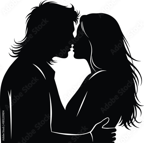 Romantic couple kissing silhouette illustration showing intimate love moment, black vector art for Valentine designs, relationships, passion concepts