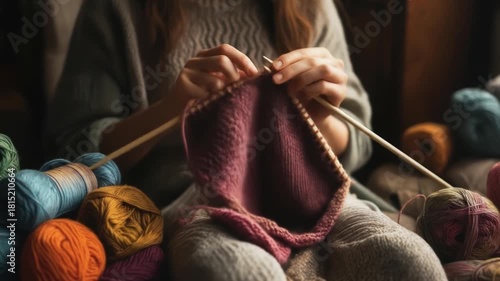 Wallpaper Mural A person with long hair knits a pink project amidst a collection of colorful yarn balls Torontodigital.ca