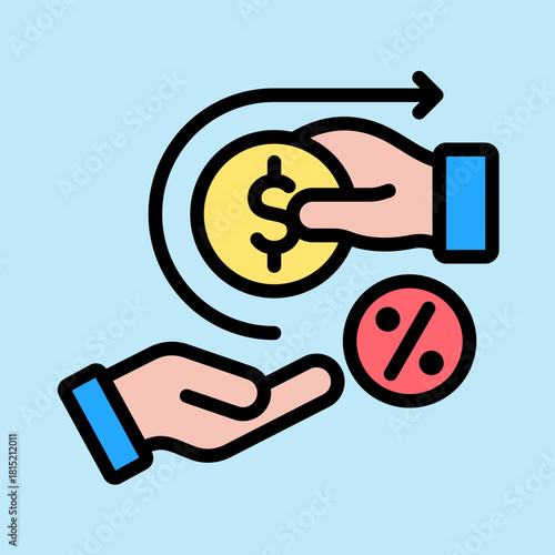 A hand giving a dollar coin and another hand receiving with a percentage symbol, illustrating financial transactions and interest.