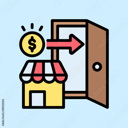 A colorful icon illustrating business outflow, expenses, or money leaving a shop.