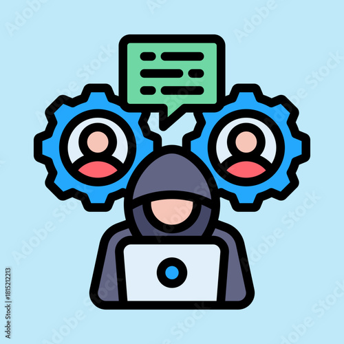 An illustration depicting a hooded person using a laptop, with gears representing people and a speech bubble above, symbolizing cyber security, communication, or social engineering.