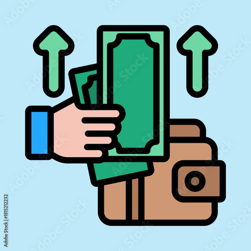 A hand placing green money bills into a brown wallet with upward arrows indicating financial growth or increase.