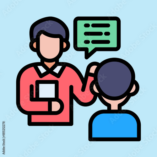 Two stylized people engaged in a conversation or mentorship session, with one person explaining something to another.