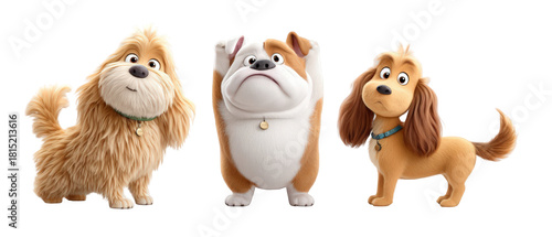 Three animated dogs showcasing playful expressions in a vibrant, cartoonish setting