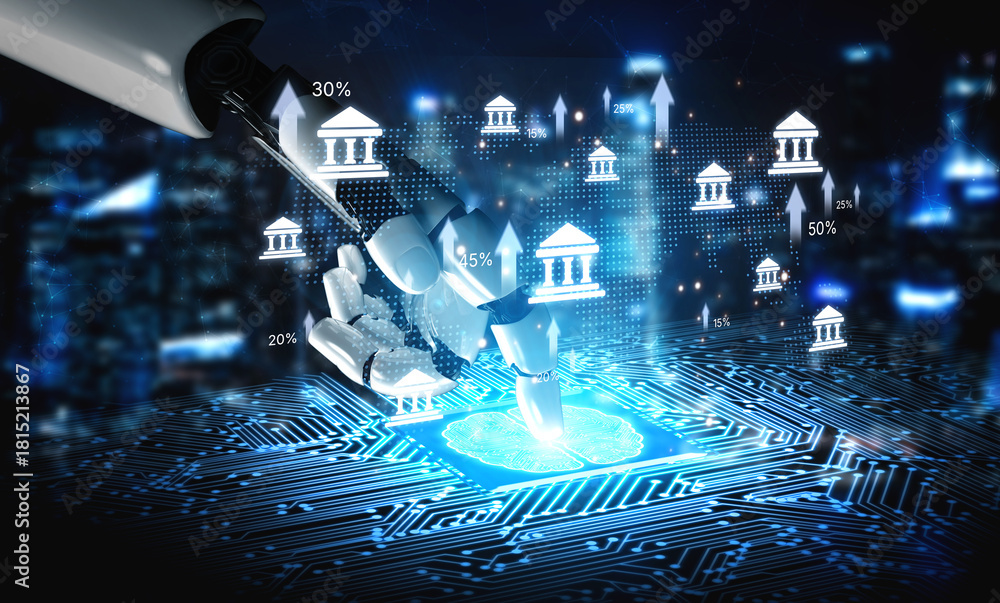 Obraz premium AI drives fintech innovation with smart assistants and banking tools to optimize online finance, mobile banking, and customer experience. Artificial intelligence spline