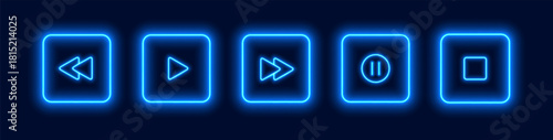 Neon media player buttons. Blue glowing audio control icons. Interface elements for music or video streaming service. Vector illustration.
