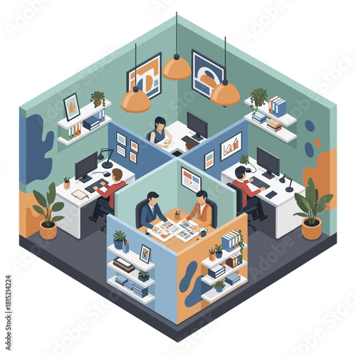 Modern Office Interior with People Working in Cubicles.