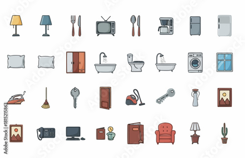 Vector Set of Colorful Household, Furniture, and Home Appliance Icons in Filled Outline Style