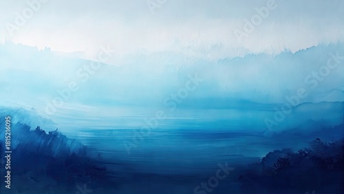 Serene Blue Horizon An Abstract Watercolor Landscape Depicting a Tranquil Seascape with Hazy Mountains in the Distance