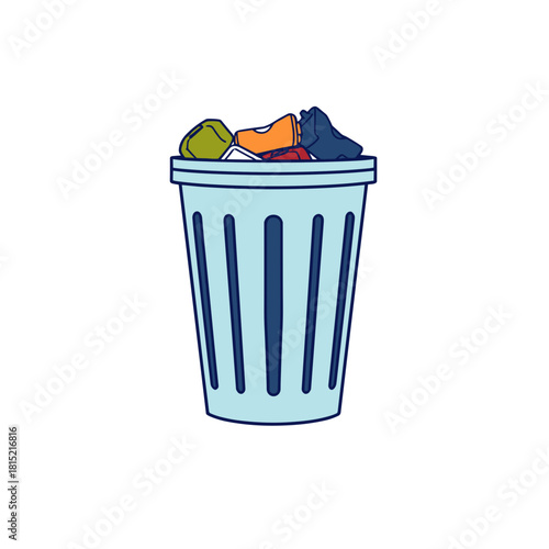 Trash can filled with colorful waste in public space, promoting cleanliness and recycling concept