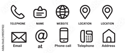 Contact information icons, telephone name website location and email symbols black white set