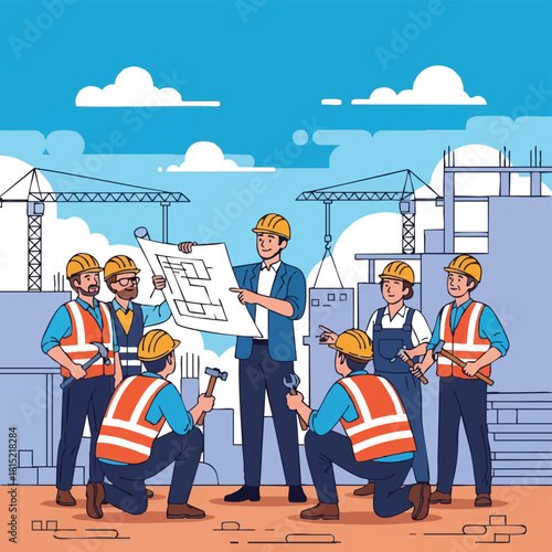 A team of construction workers reviews blueprints on a building site, planning and coordinating the project with the cranes in the background.