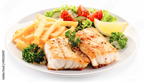 Fried fish fillet, French fries with vegetables. AI