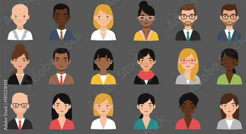 Set of diverse avatars featuring men and women from various ethnic backgrounds for professional profiles and social media