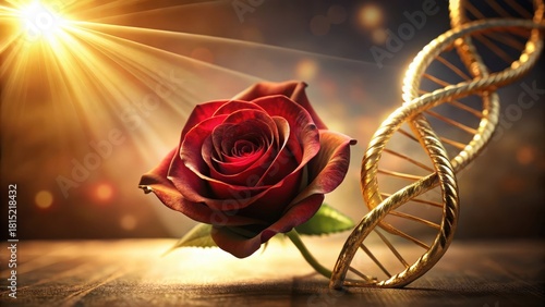 Illuminated crimson rose and golden helix symbolize life's delicate balance and inherent beauty