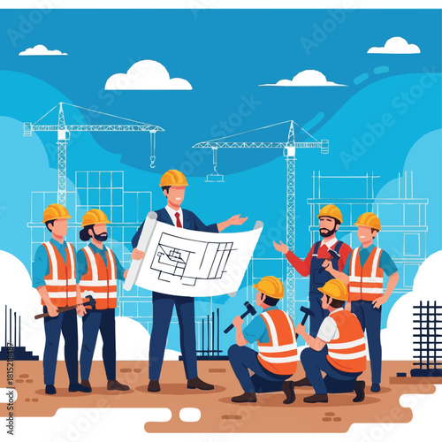 A construction team, including a foreman, reviews blueprints on a building site with cranes and new construction.