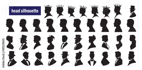 Elegant head silhouettes featuring crowned figures and historical costume profiles set
