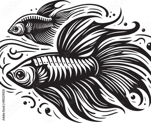 Tribal goldfish in black and white, vector illustration.