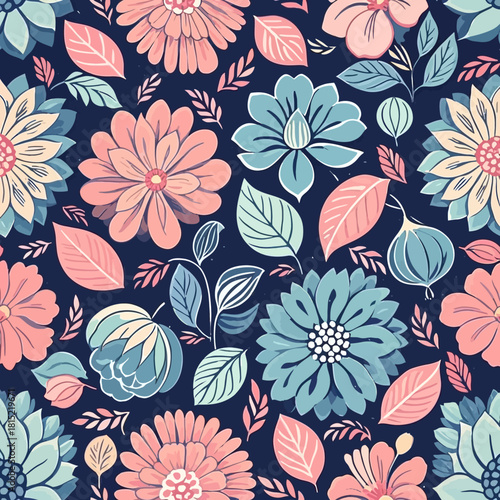 Seamless floral pattern with pastel pink and teal botanical motifs on dark navy background perfect for fabric prints wallpaper packaging and digital craft design