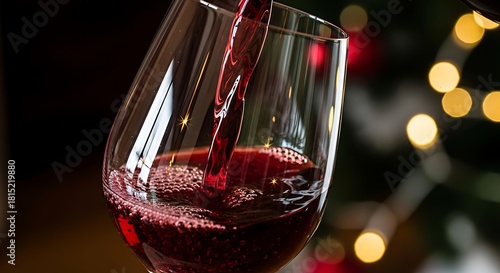 Red holiday wine being poured into an elegant glass. Focus on liquid movement and reflection.