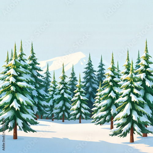 Winter landscape in a park with snow-covered evergreens and visible mountain peaks