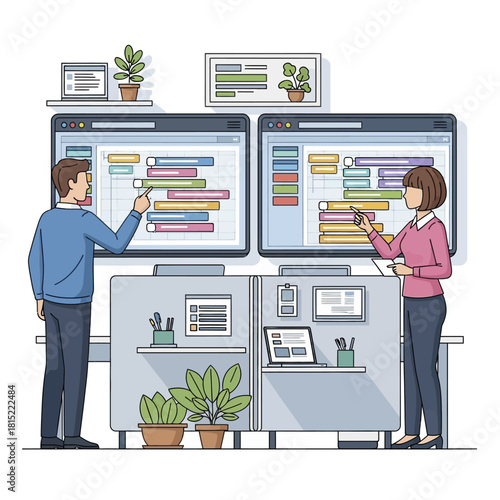 Professional man and woman collaborating on a project schedule.