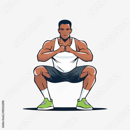 Muscular man performing a squat exercise, focused on fitness and strength training