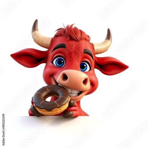 Cheerful cartoon bull holding a chocolate glazed donut with a bright white background for advertising.

