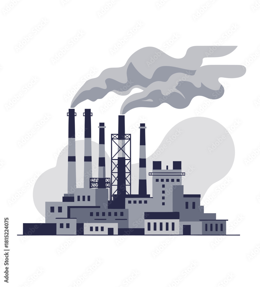 Obraz premium Industrial Factory with Smoke Emitting from Chimneys. Vector Illustrations. EPS Editable