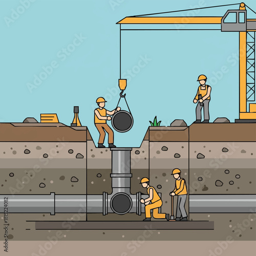 Construction workers install a large pipe section in an underground trench, utilizing a crane for efficient placement and teamwork.