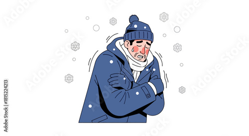 Man Shivering in Snow Wearing Winter Clothes. Vector Illustrations. EPS Editable
