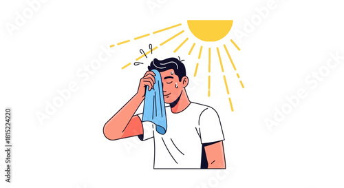 Man Wiping Sweat From Forehead Under Hot Sun. Vector Illustrations. EPS Editable
