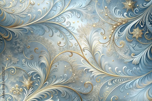 Elegant Blue and Gold Swirling Floral Design with Frosty Accents for Festive Decoration