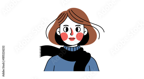 Stylized Portrait of a Young Woman with Bob Haircut and Scarf. Vector Illustrations. EPS Editable
