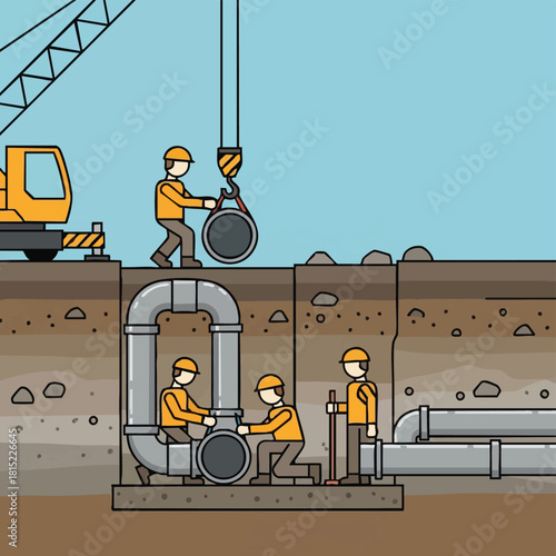 Construction workers meticulously install pipelines underground, utilizing a crane to maneuver heavy pipes for efficient infrastructure development.