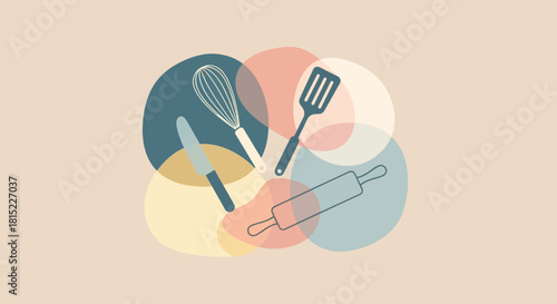 A modern flat design illustration featuring a creative composition of essential kitchen utensils for baking and cooking