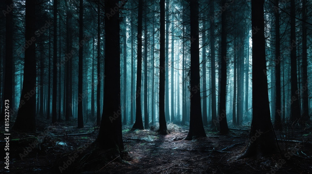 Fototapeta premium Mystical Dark Forest with Tall Trees and Soft Mist Shrouding the Ground, Creating an Enigmatic and Serene Atmosphere in Nature