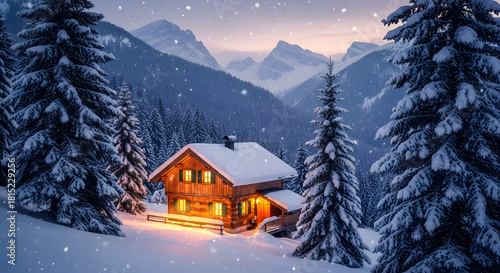 Serene winter landscape featuring a glowing Snowy Mountain Cabin as snowflakes gently fall at dusk