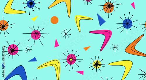 A vibrant and playful geometric pattern capturing the nostalgic aesthetic of the mid-century atomic age with colorful boomerangs and starbursts