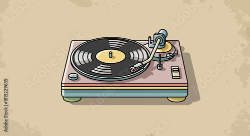Retro Turntable Illustration with Vinyl Record Spinning, Evoking Nostalgic Melodies and Classic Music Experience