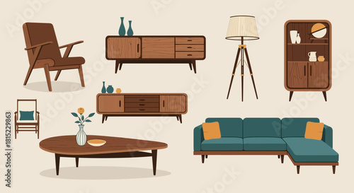 Elegant collection of vintage mid-century modern furniture, including a sofa and armchair, perfect for creating a stylish retro home interior