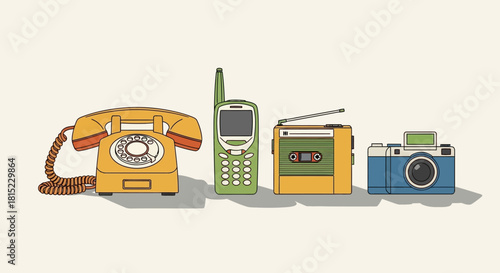 A nostalgic collection of classic communication, entertainment, and photography devices, illustrating the charming evolution of personal technology through decades past