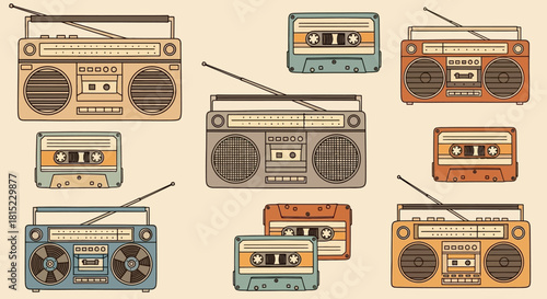 Retro boomboxes and cassette tapes, a nostalgic collection of vintage audio devices from the 1980s and 1990s