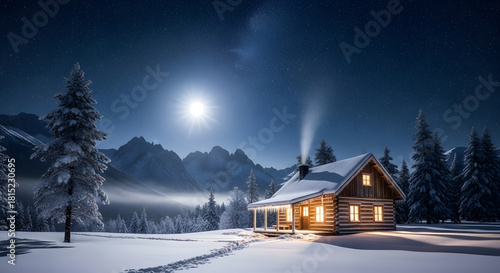 A magical winter escape to a secluded Snowy Mountain Cabin, with warm lights glowing under a bright moonlit sky